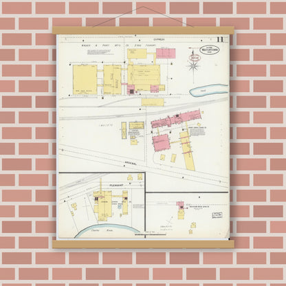 Old map wall art mockup — magnetic wood frame on brick wall — Sanborn Fire Insurance Map from Watertown, Middlesex County, Massachusetts (1899), Sheet #0011
