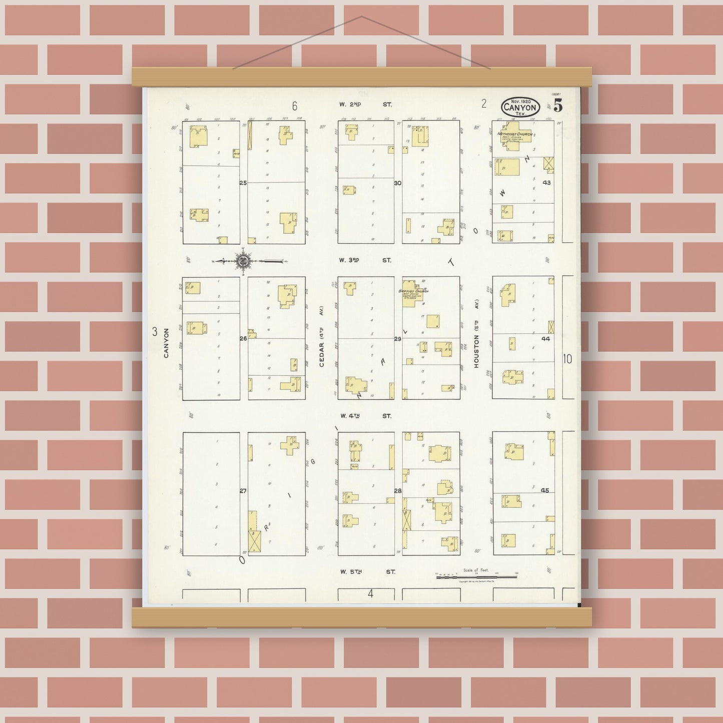 Old map wall art mockup — magnetic wood frame on brick wall — Sanborn Fire Insurance Map from Canyon, Randall County, Texas (1920), Sheet #0005