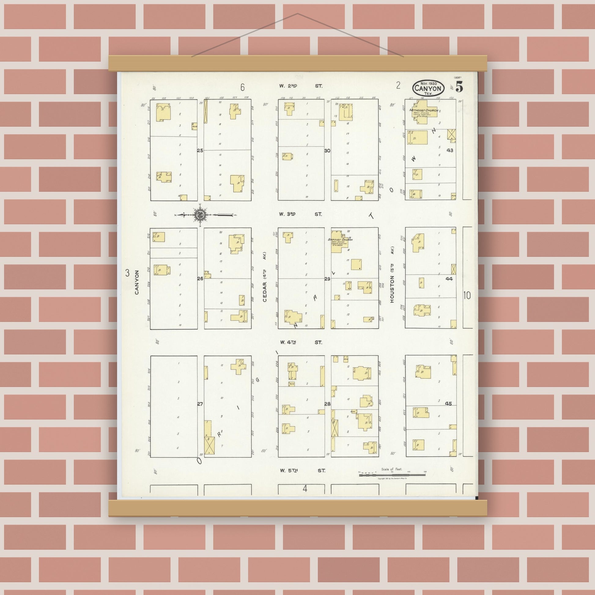 Old map wall art mockup — magnetic wood frame on brick wall — Sanborn Fire Insurance Map from Canyon, Randall County, Texas (1920), Sheet #0005