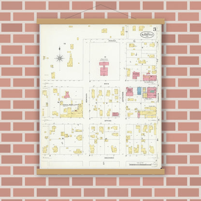 Old map wall art mockup — magnetic wood frame on brick wall — Sanborn Fire Insurance Map from Bloomfield, Greene County, Indiana (1907), Sheet #0003