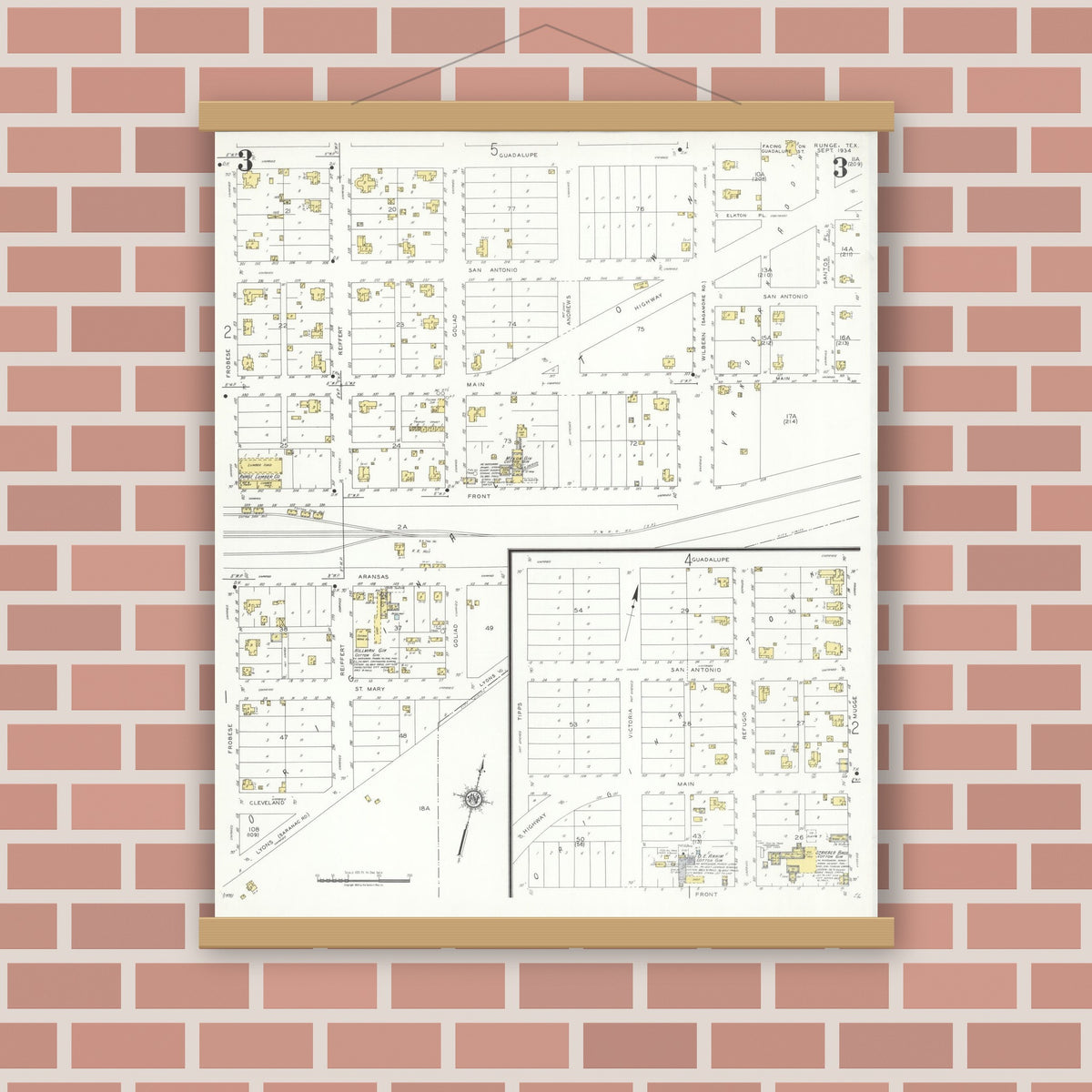 Old map wall art mockup — magnetic wood frame on brick wall — Sanborn Fire Insurance Map from Runge, Karnes County, Texas (1934), Sheet #0003