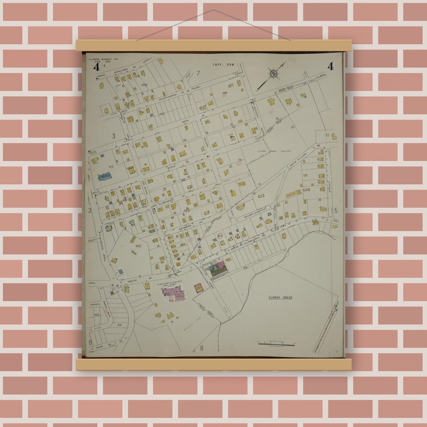 Old map wall art mockup — magnetic wood frame on brick wall — Sanborn Fire Insurance Map from Clark's Summit, Lackawanna County, Pennsylvania (1942), Sheet #0004