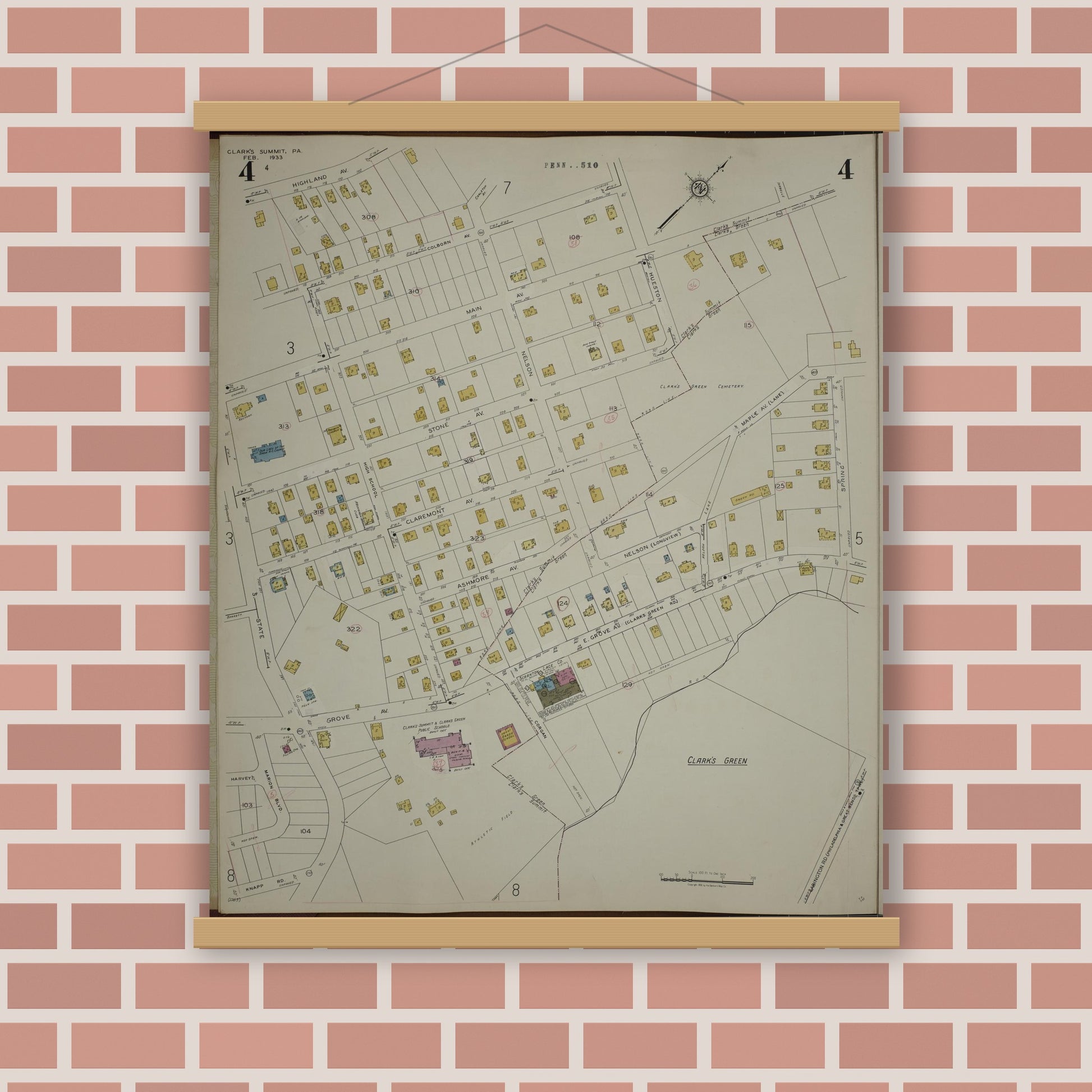 Old map wall art mockup — magnetic wood frame on brick wall — Sanborn Fire Insurance Map from Clark's Summit, Lackawanna County, Pennsylvania (1942), Sheet #0004