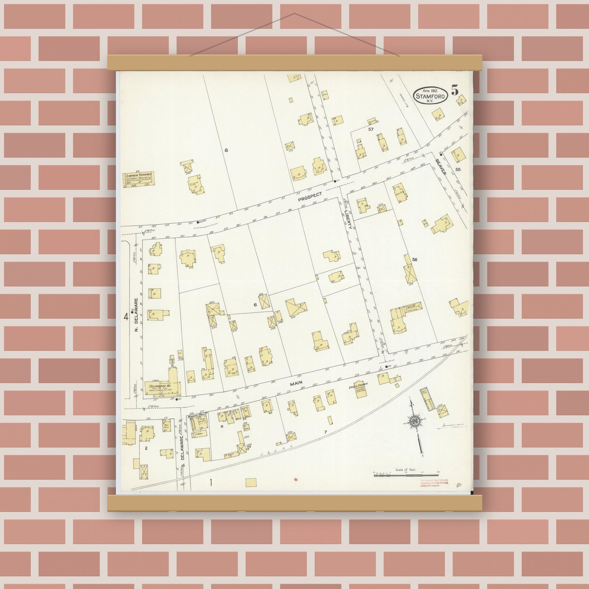 Old map wall art mockup — magnetic wood frame on brick wall — Sanborn Fire Insurance Map from Stamford, Delaware County, New York (1912), Sheet #0005
