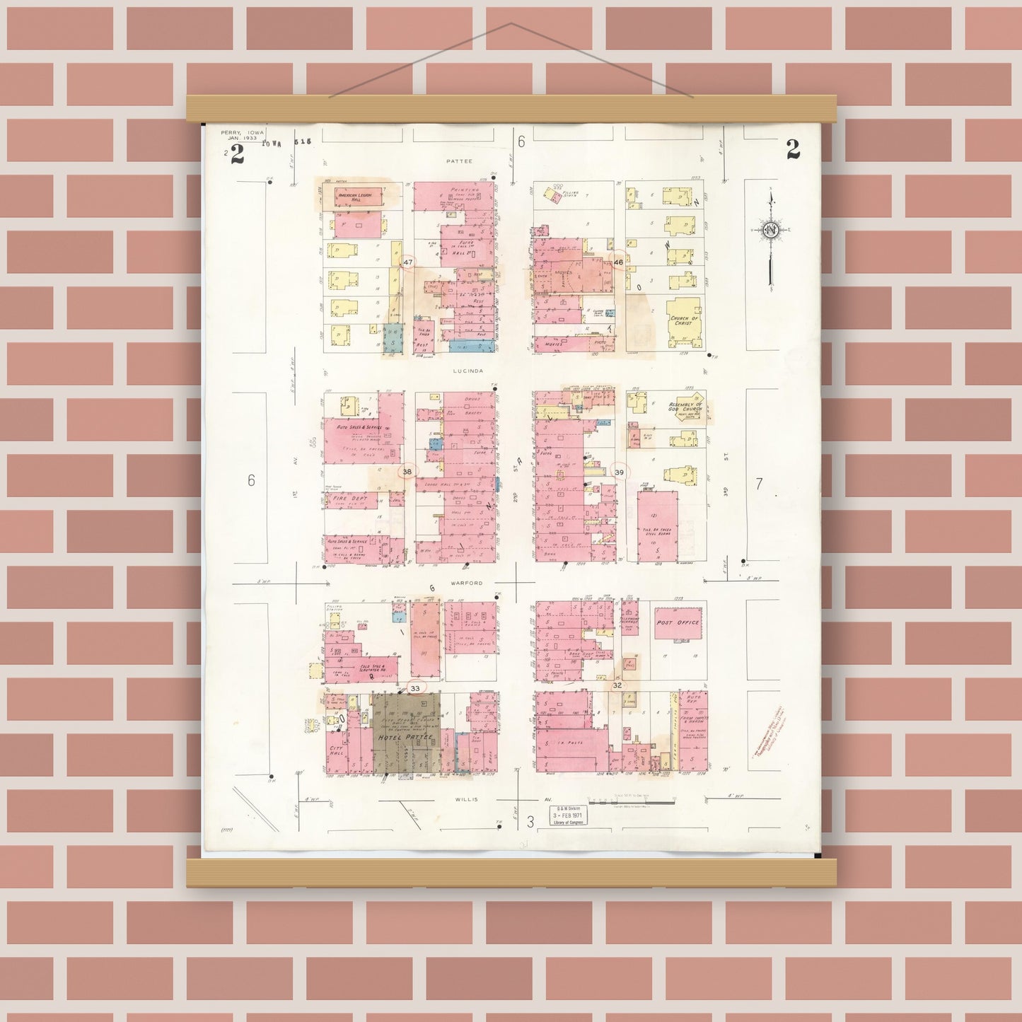 Old map wall art mockup — magnetic wood frame on brick wall — Sanborn Fire Insurance Map from Perry, Dallas County, Iowa (1947), Sheet #0002