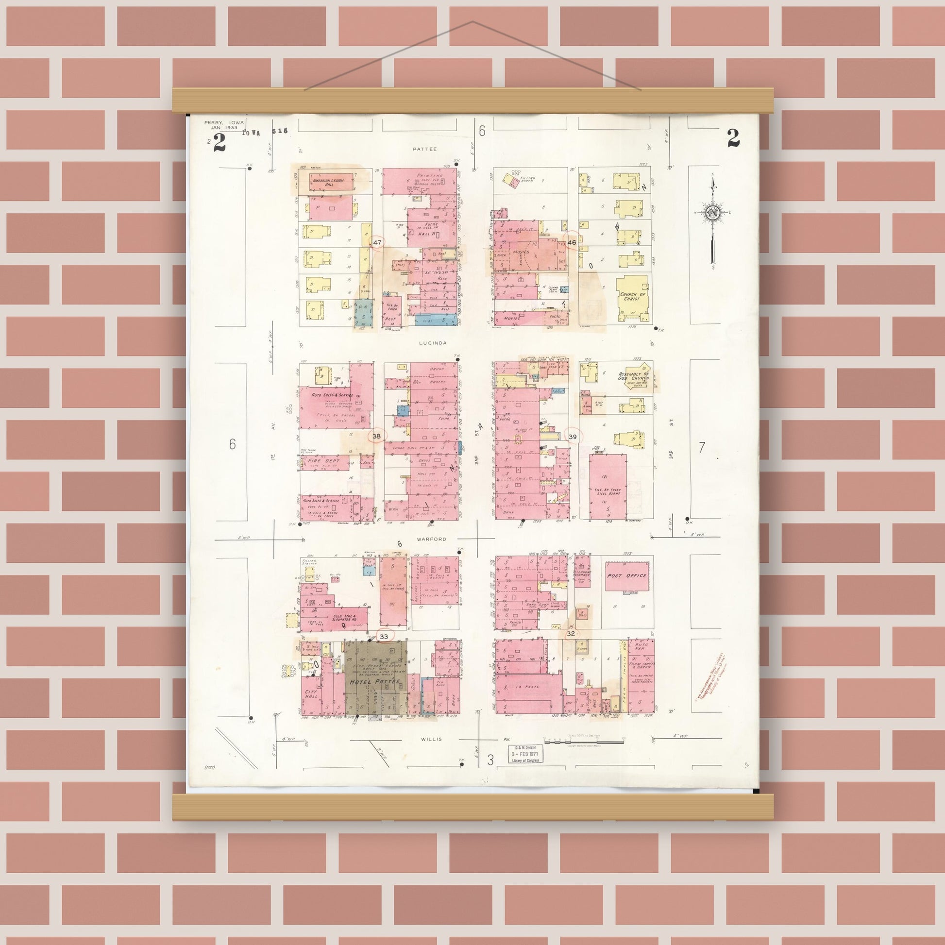 Old map wall art mockup — magnetic wood frame on brick wall — Sanborn Fire Insurance Map from Perry, Dallas County, Iowa (1947), Sheet #0002