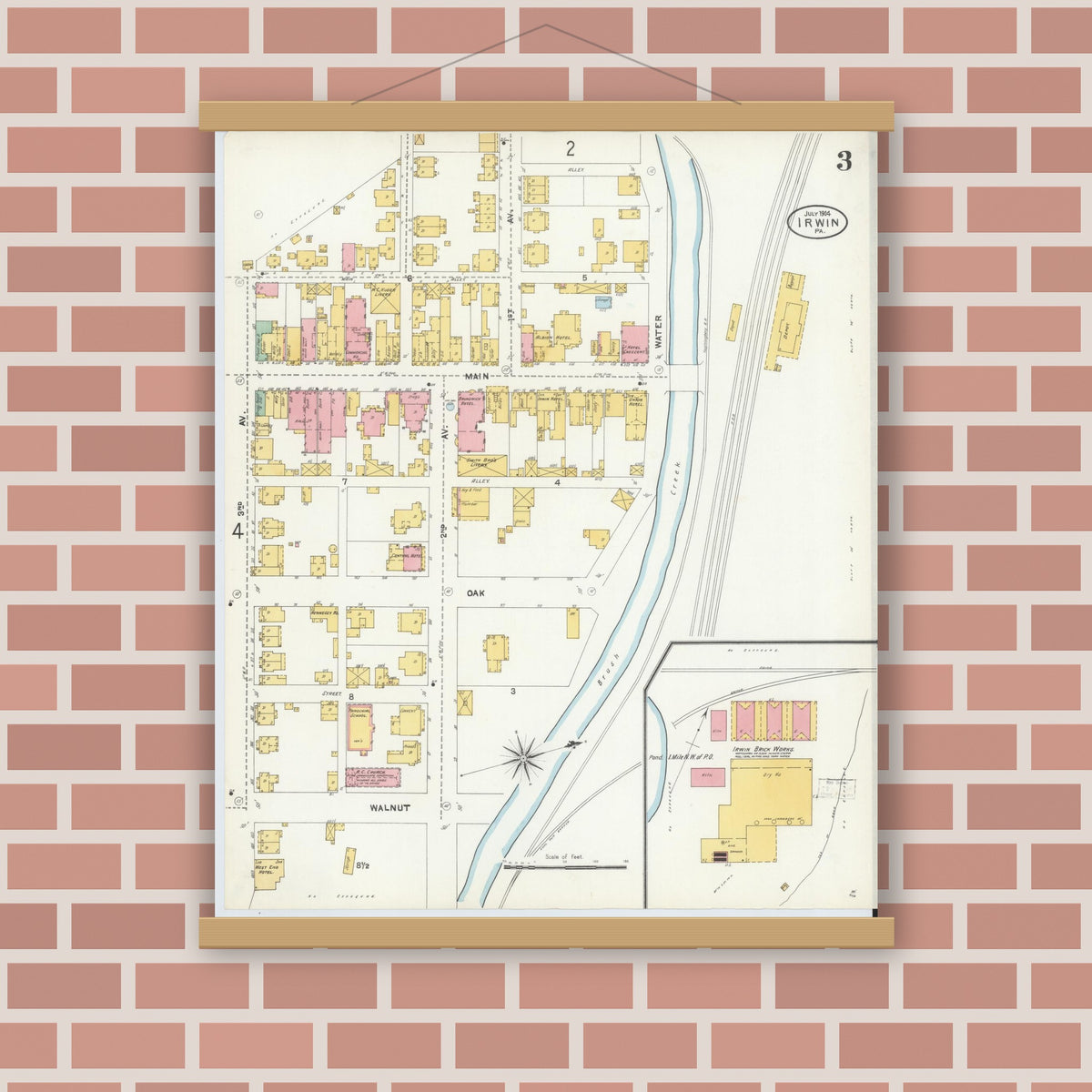 Old map wall art mockup — magnetic wood frame on brick wall — Sanborn Fire Insurance Map from Irwin, Westmoreland County, Pennsylvania (1904), Sheet #0003