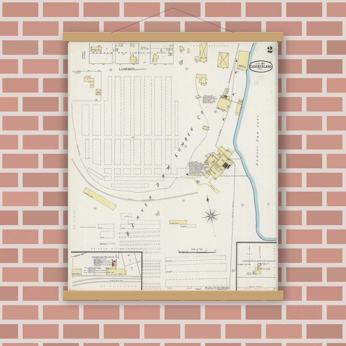 Old map wall art mockup — magnetic wood frame on brick wall — Sanborn Fire Insurance Map from Cumberland, Barron County, Wisconsin (1893), Sheet #0002