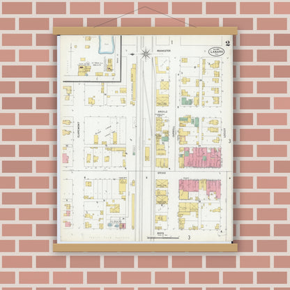Old map wall art mockup — magnetic wood frame on brick wall — Sanborn Fire Insurance Map from Lanark, Carroll County, Illinois (1899), Sheet #0002