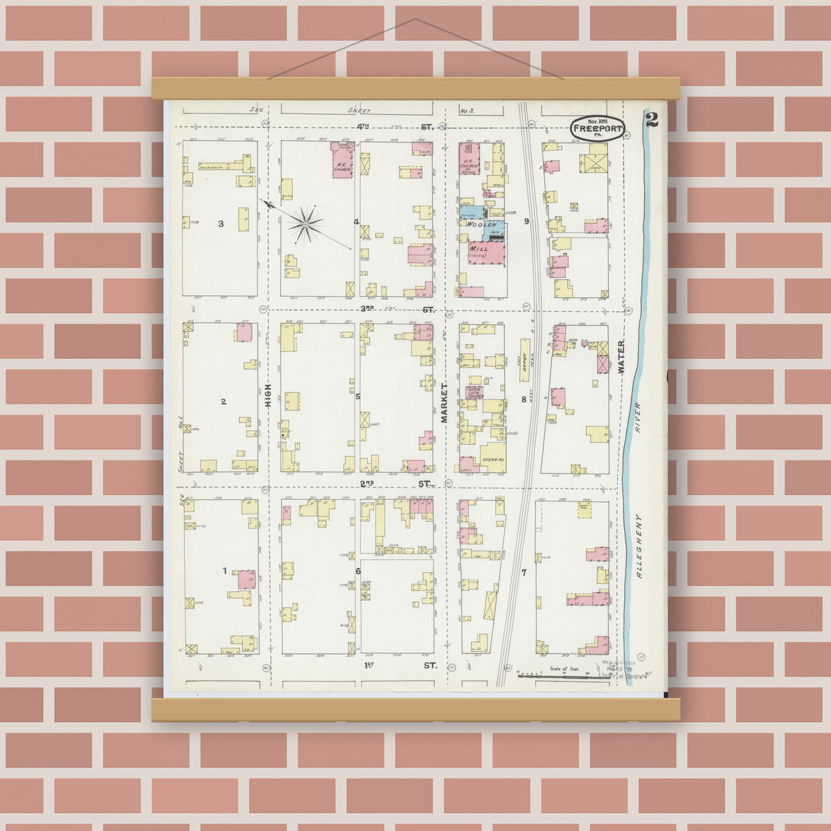 Old map wall art mockup — magnetic wood frame on brick wall — Sanborn Fire Insurance Map from Freeport, Armstrong County, Pennsylvania (1891), Sheet #0002