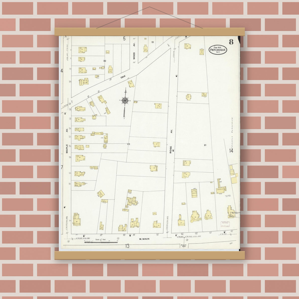 Old map wall art mockup — magnetic wood frame on brick wall — Sanborn Fire Insurance Map from Patchogue, Suffolk County, New York (1910), Sheet #0008