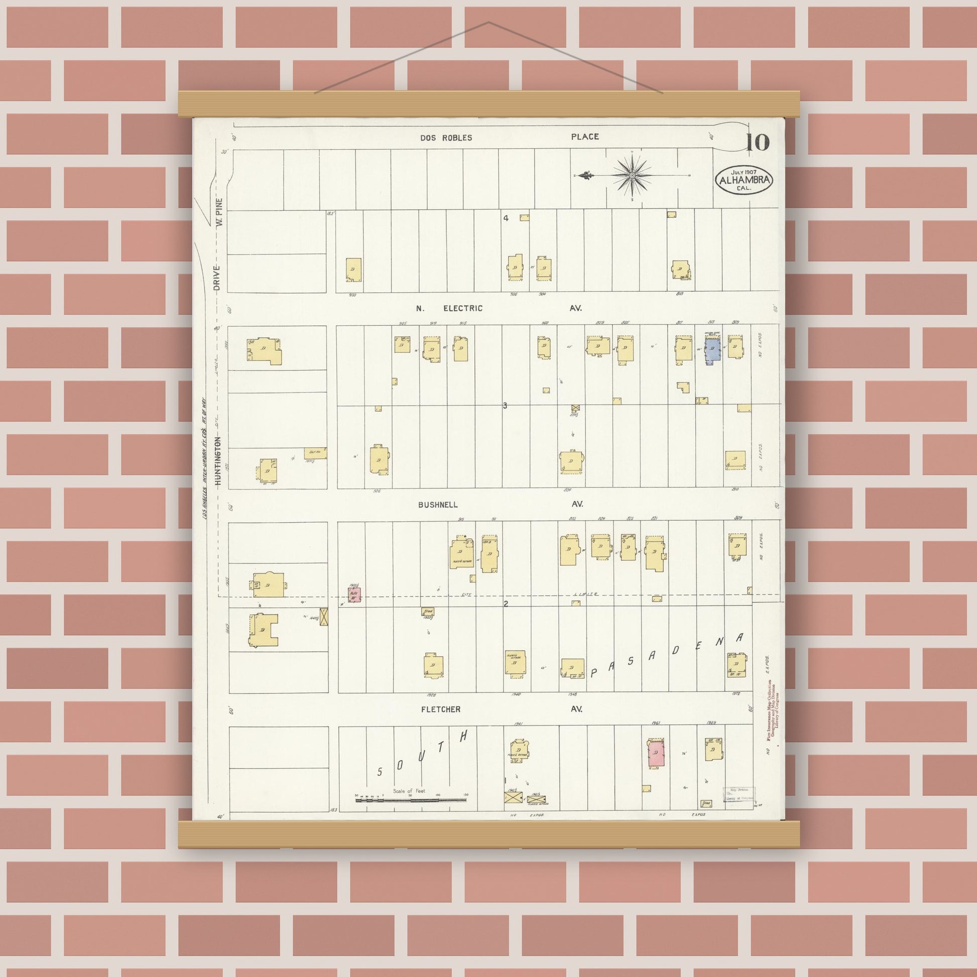 Old map wall art mockup — magnetic wood frame on brick wall — Sanborn Fire Insurance Map from Alhambra, Los Angeles County, California (1907), Sheet #0010