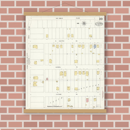 Old map wall art mockup — magnetic wood frame on brick wall — Sanborn Fire Insurance Map from Alhambra, Los Angeles County, California (1907), Sheet #0010