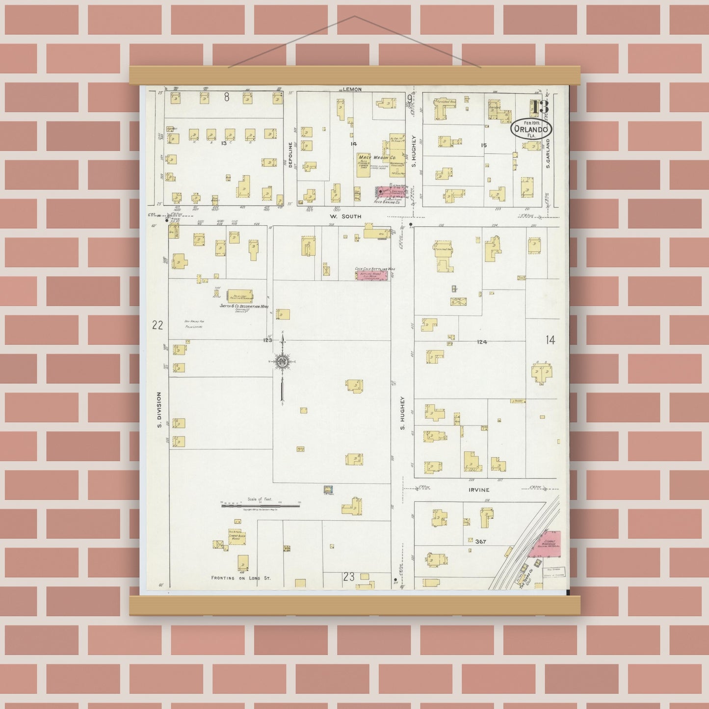 Old map wall art mockup — magnetic wood frame on brick wall — Sanborn Fire Insurance Map from Orlando, Orange County, Florida (1919), Sheet #0013