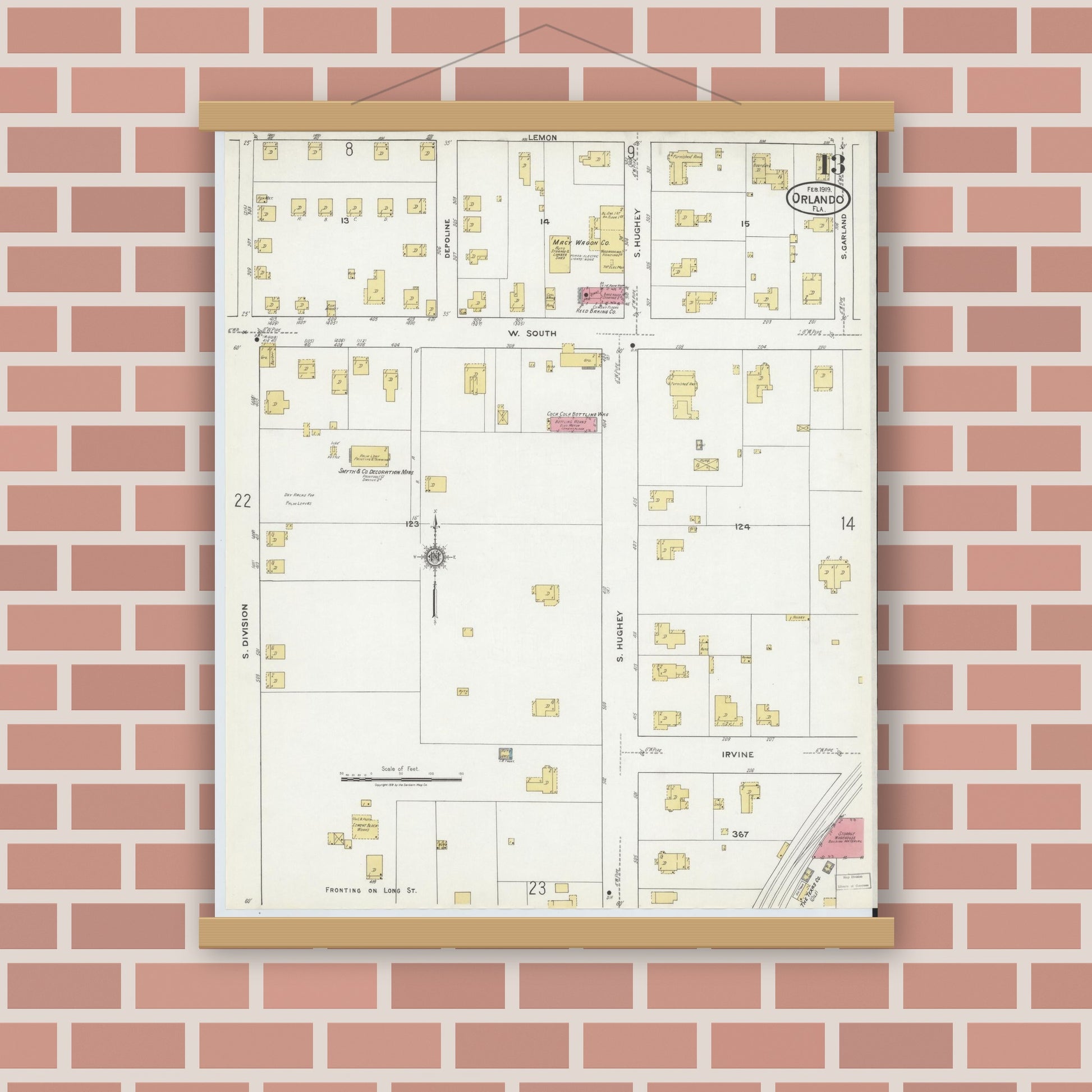 Old map wall art mockup — magnetic wood frame on brick wall — Sanborn Fire Insurance Map from Orlando, Orange County, Florida (1919), Sheet #0013