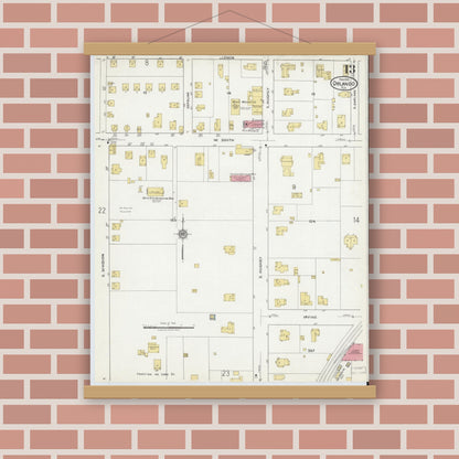 Old map wall art mockup — magnetic wood frame on brick wall — Sanborn Fire Insurance Map from Orlando, Orange County, Florida (1919), Sheet #0013