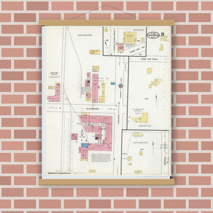 Old map wall art mockup — magnetic wood frame on brick wall — Sanborn Fire Insurance Map from South Haven, Van Buren County, Michigan (1916), Sheet #0009