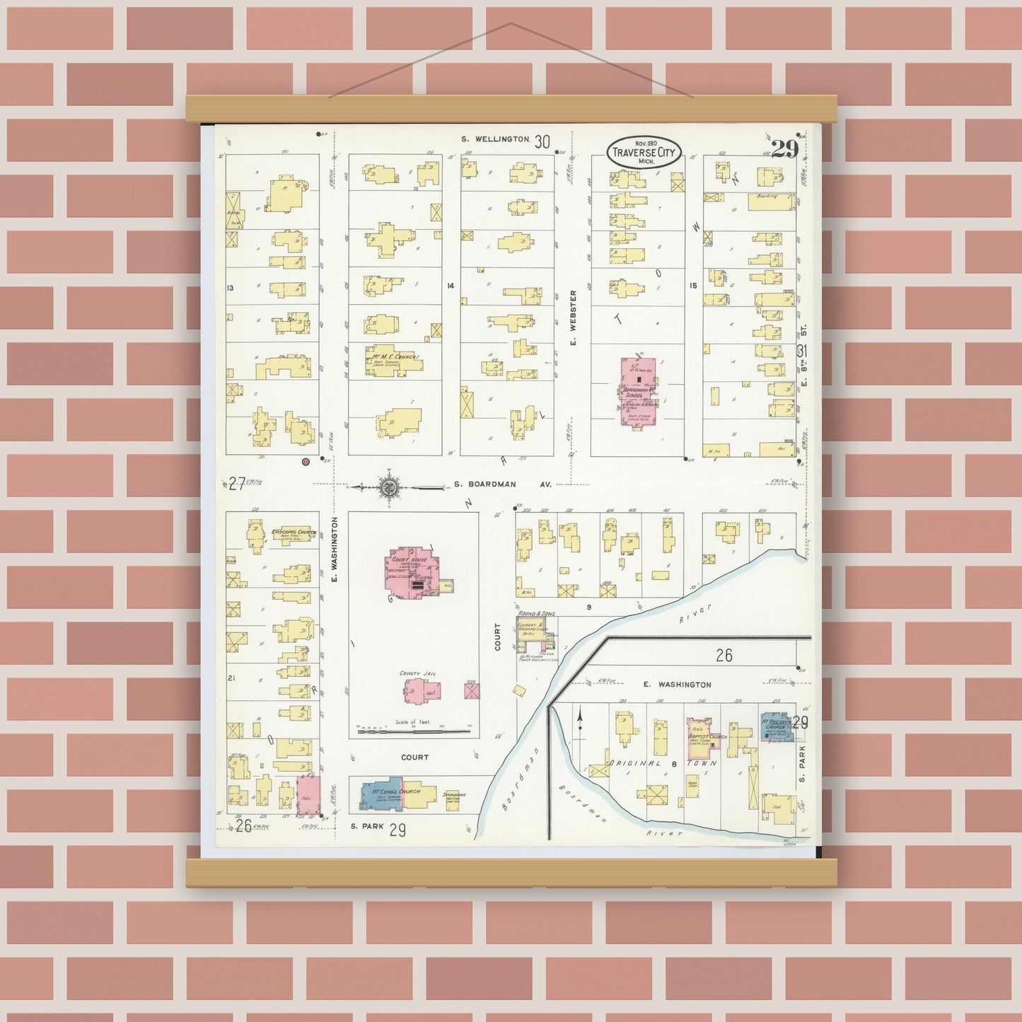 Old map wall art mockup — magnetic wood frame on brick wall — Sanborn Fire Insurance Map from Traverse City, Grand Traverse County, Michigan (1910), Sheet #0029