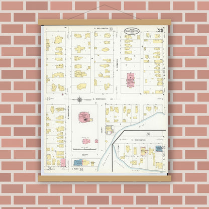 Old map wall art mockup — magnetic wood frame on brick wall — Sanborn Fire Insurance Map from Traverse City, Grand Traverse County, Michigan (1910), Sheet #0029