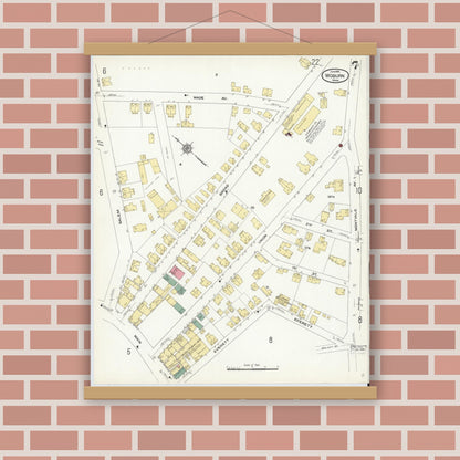Old map wall art mockup — magnetic wood frame on brick wall — Sanborn Fire Insurance Map from Woburn, Middlesex County, Massachusetts (1910), Sheet #0007