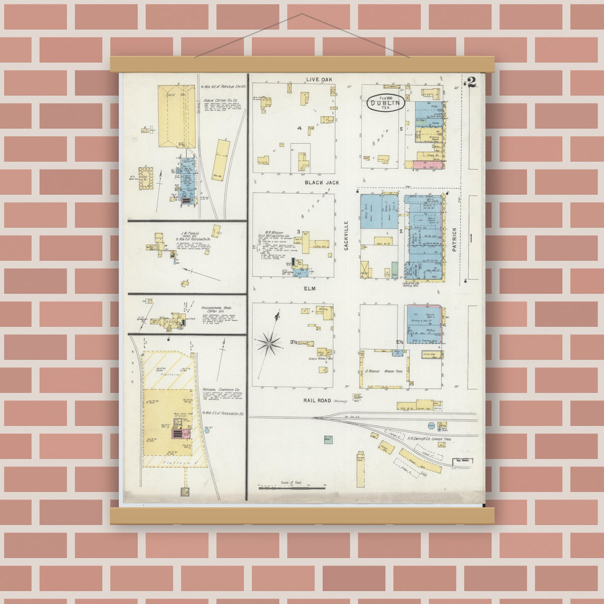 Old map wall art mockup — magnetic wood frame on brick wall — Sanborn Fire Insurance Map from Dublin, Erath County, Texas (1896), Sheet #0002