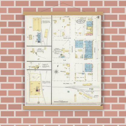 Old map wall art mockup — magnetic wood frame on brick wall — Sanborn Fire Insurance Map from Dublin, Erath County, Texas (1896), Sheet #0002