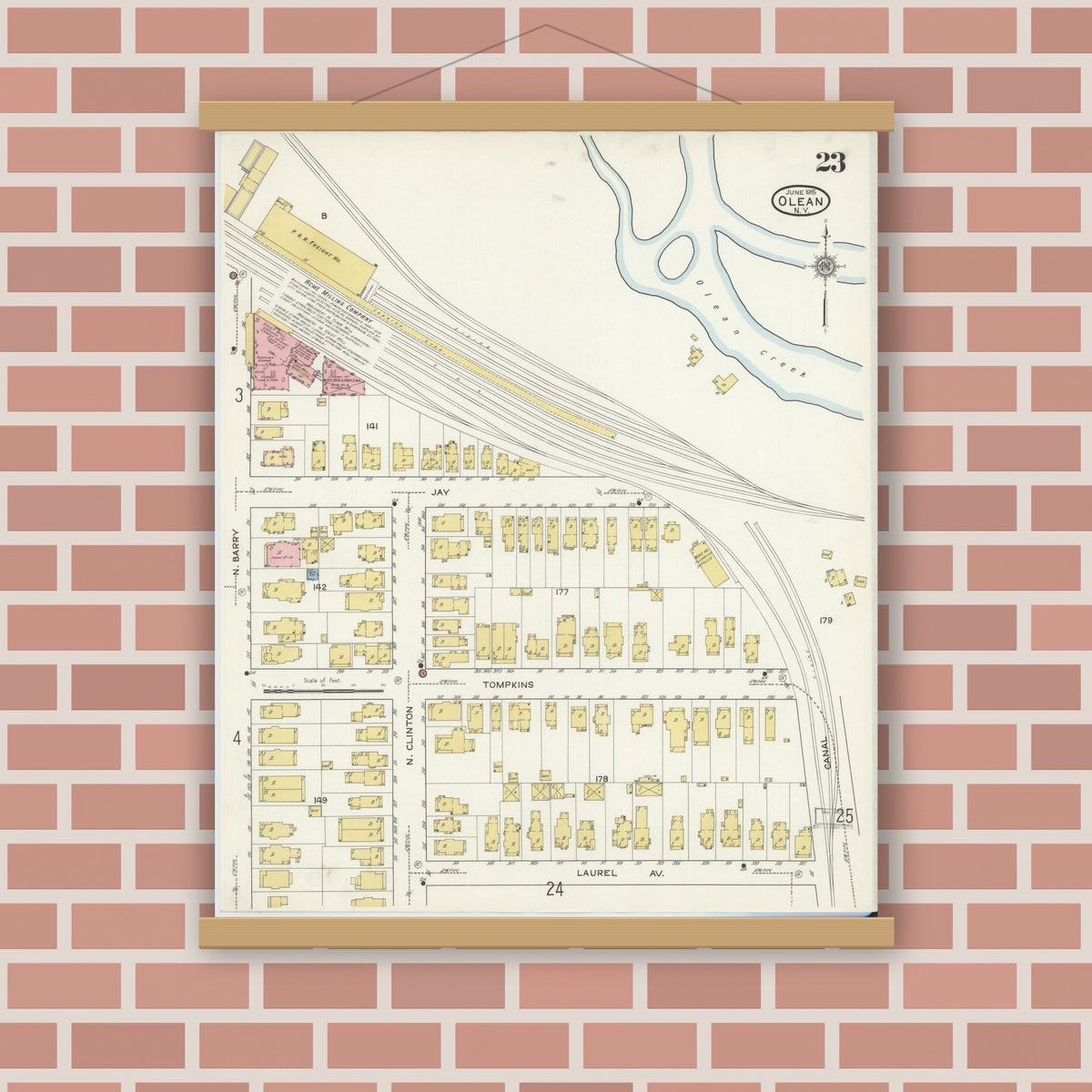 Old map wall art mockup — magnetic wood frame on brick wall — Sanborn Fire Insurance Map from Olean, Cattaraugus County, New York (1915), Sheet #0023