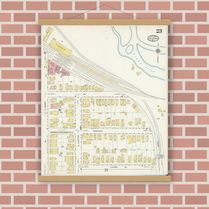Old map wall art mockup — magnetic wood frame on brick wall — Sanborn Fire Insurance Map from Olean, Cattaraugus County, New York (1915), Sheet #0023