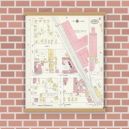 Old map wall art mockup — magnetic wood frame on brick wall — Sanborn Fire Insurance Map from Kewanee, Henry County, Illinois (1910), Sheet #0004