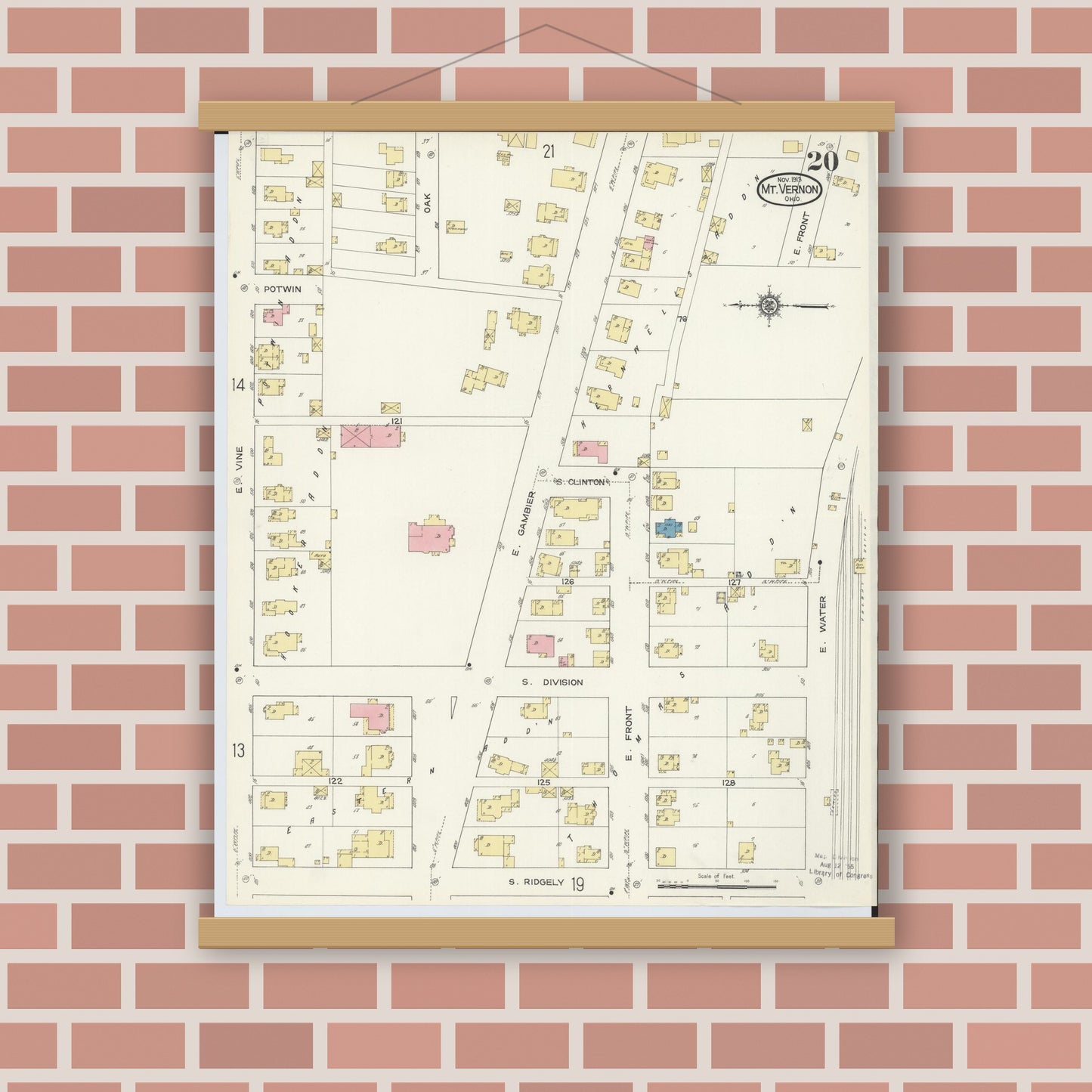Old map wall art mockup — magnetic wood frame on brick wall — Sanborn Fire Insurance Map from Mount Vernon, Knox County, Ohio (1913), Sheet #0020