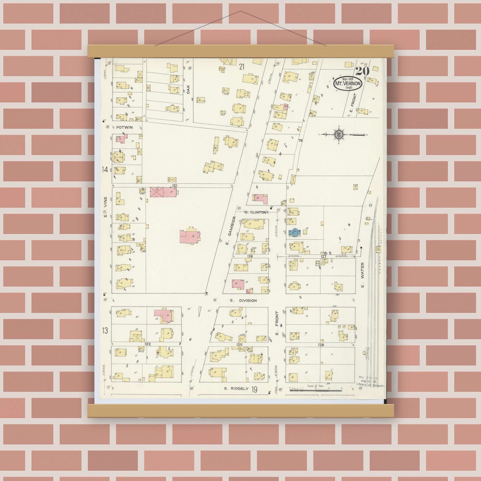 Old map wall art mockup — magnetic wood frame on brick wall — Sanborn Fire Insurance Map from Mount Vernon, Knox County, Ohio (1913), Sheet #0020