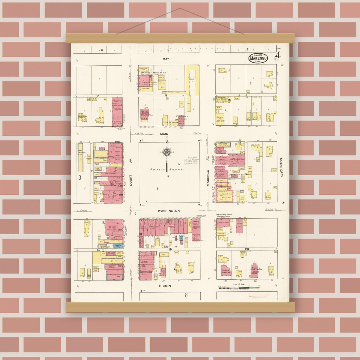 Old map wall art mockup — magnetic wood frame on brick wall — Sanborn Fire Insurance Map from Marengo, Iowa County, Iowa (1922), Sheet #0004