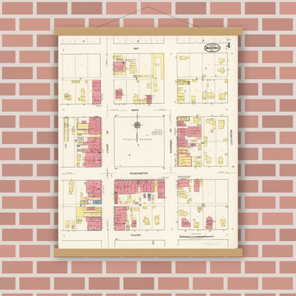 Old map wall art mockup — magnetic wood frame on brick wall — Sanborn Fire Insurance Map from Marengo, Iowa County, Iowa (1922), Sheet #0004