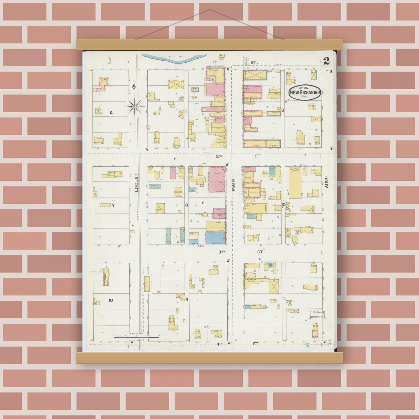 Old map wall art mockup — magnetic wood frame on brick wall — Sanborn Fire Insurance Map from New Richmond, St. Croix County, Wisconsin (1892), Sheet #0002