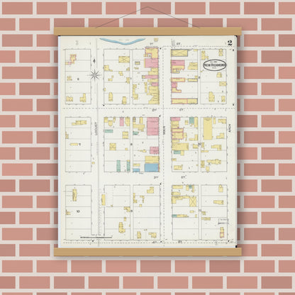 Old map wall art mockup — magnetic wood frame on brick wall — Sanborn Fire Insurance Map from New Richmond, St. Croix County, Wisconsin (1892), Sheet #0002