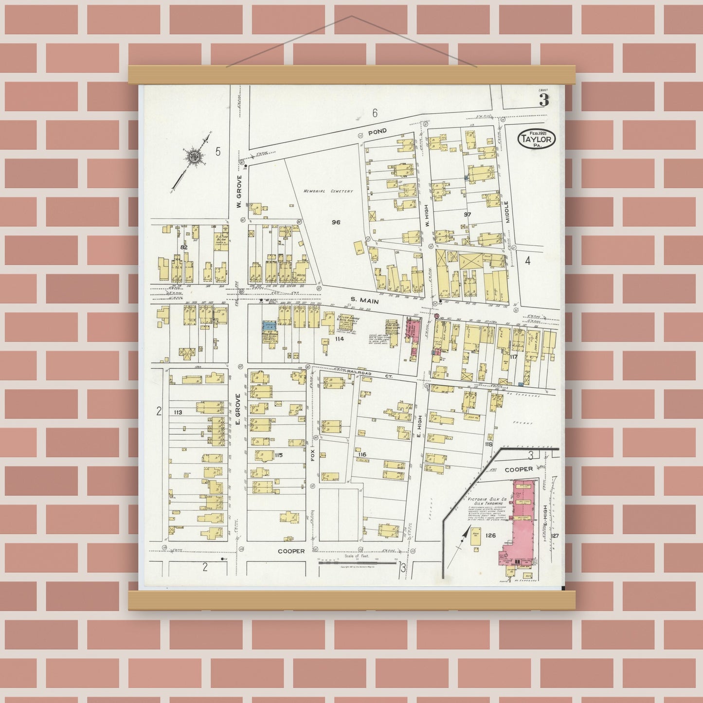 Old map wall art mockup — magnetic wood frame on brick wall — Sanborn Fire Insurance Map from Taylor, Lackawanna County, Pennsylvania (1921), Sheet #0003