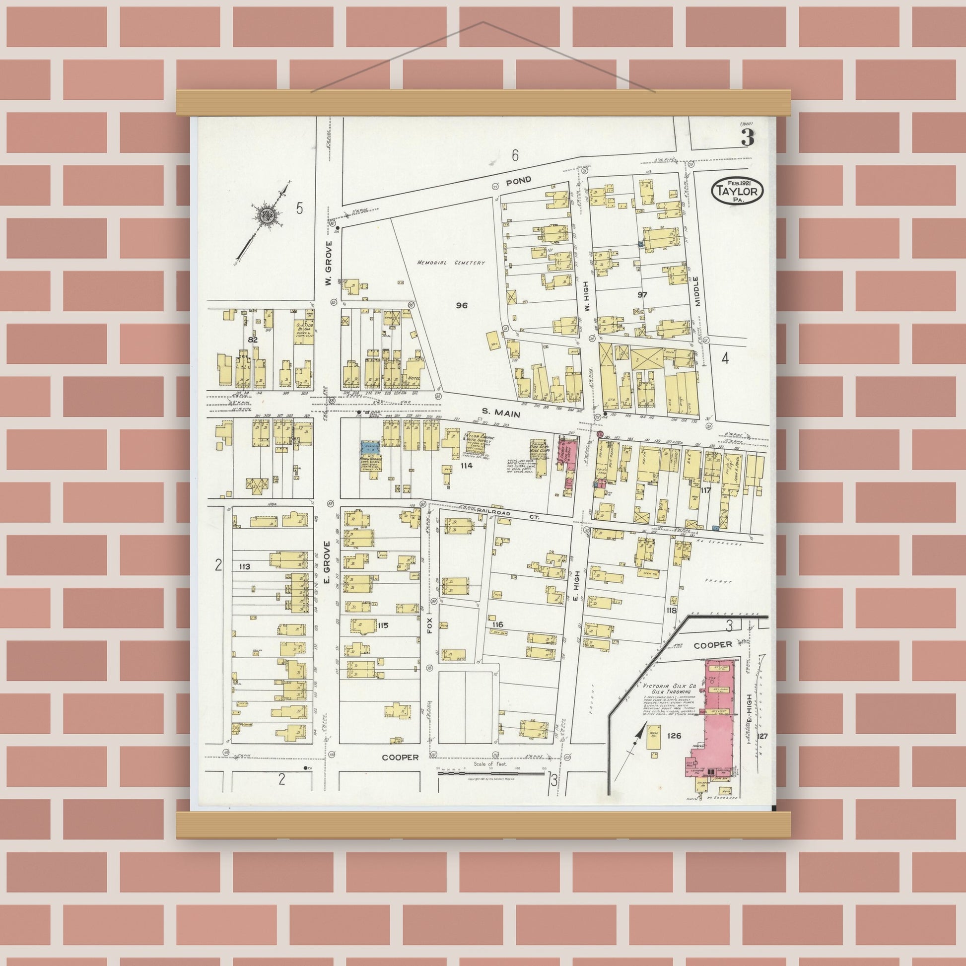 Old map wall art mockup — magnetic wood frame on brick wall — Sanborn Fire Insurance Map from Taylor, Lackawanna County, Pennsylvania (1921), Sheet #0003