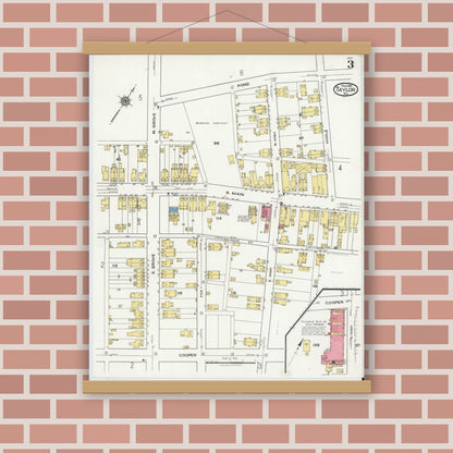 Old map wall art mockup — magnetic wood frame on brick wall — Sanborn Fire Insurance Map from Taylor, Lackawanna County, Pennsylvania (1921), Sheet #0003