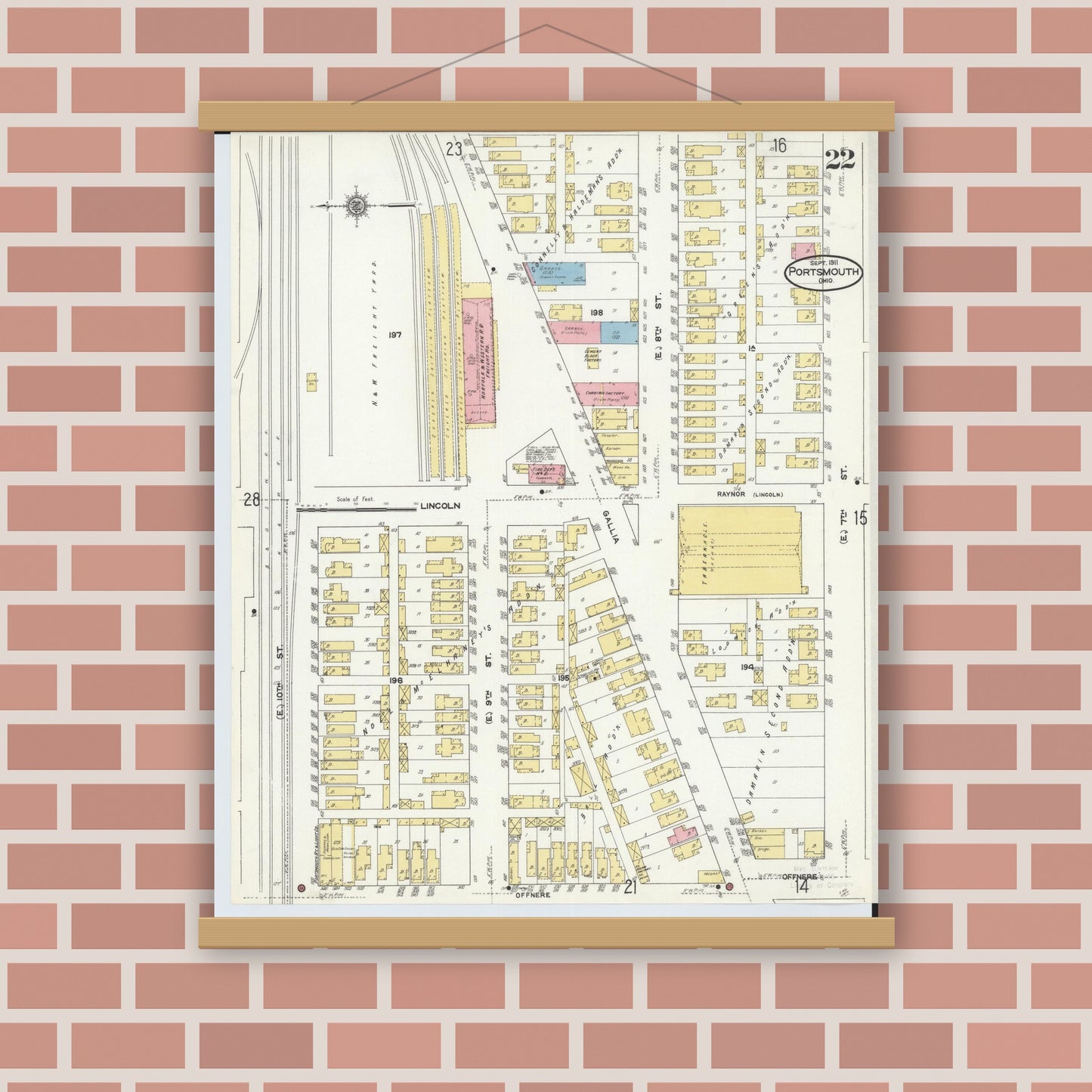 Old map wall art mockup — magnetic wood frame on brick wall — Sanborn Fire Insurance Map from Portsmouth, Scioto County, Ohio (1911), Sheet #0022
