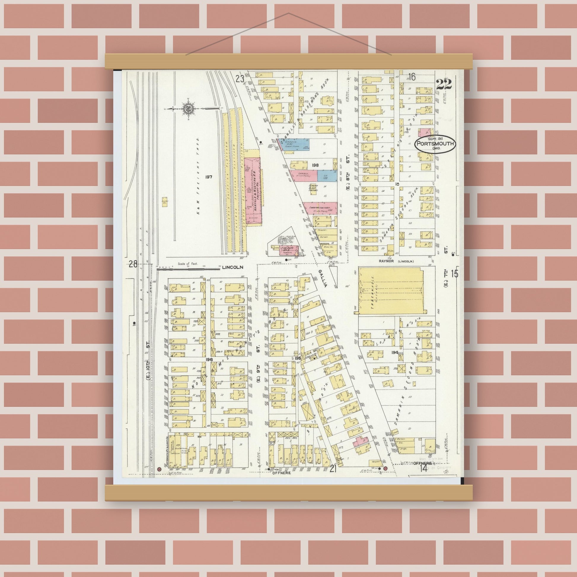 Old map wall art mockup — magnetic wood frame on brick wall — Sanborn Fire Insurance Map from Portsmouth, Scioto County, Ohio (1911), Sheet #0022