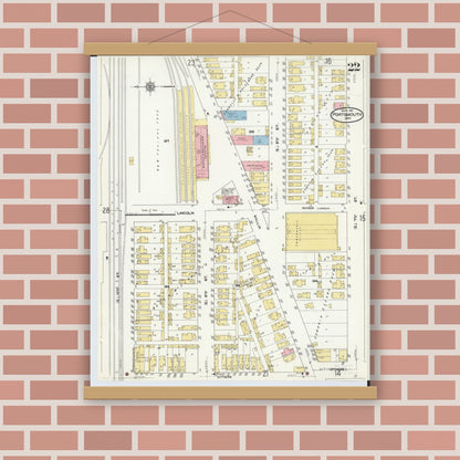 Old map wall art mockup — magnetic wood frame on brick wall — Sanborn Fire Insurance Map from Portsmouth, Scioto County, Ohio (1911), Sheet #0022