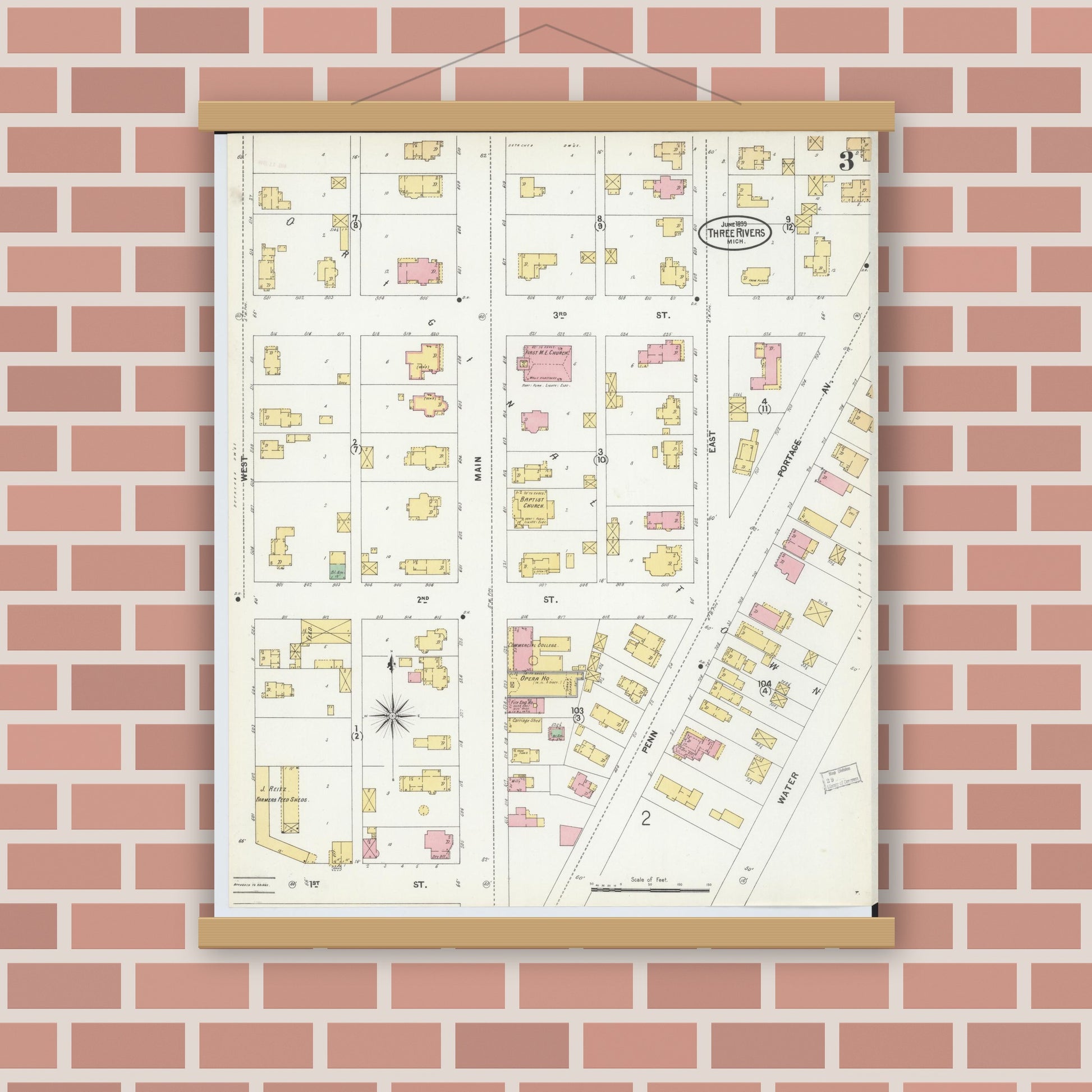 Old map wall art mockup — magnetic wood frame on brick wall — Sanborn Fire Insurance Map from Three Rivers, Saint Joseph County, Michigan (1899), Sheet #0003