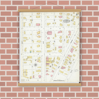 Old map wall art mockup — magnetic wood frame on brick wall — Sanborn Fire Insurance Map from Three Rivers, Saint Joseph County, Michigan (1899), Sheet #0003