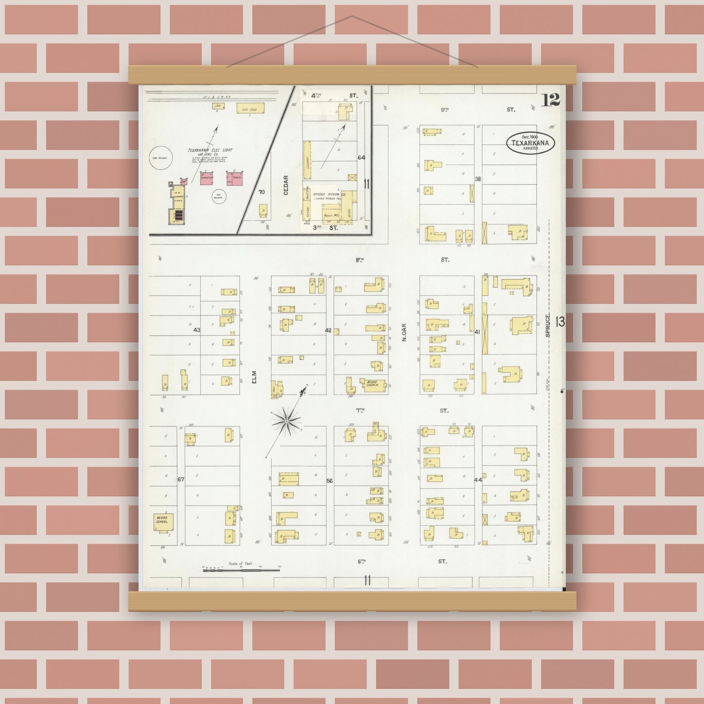 Old map wall art mockup — magnetic wood frame on brick wall — Sanborn Fire Insurance Map from Texarkana, Bowie County, Texas (1900), Sheet #0012