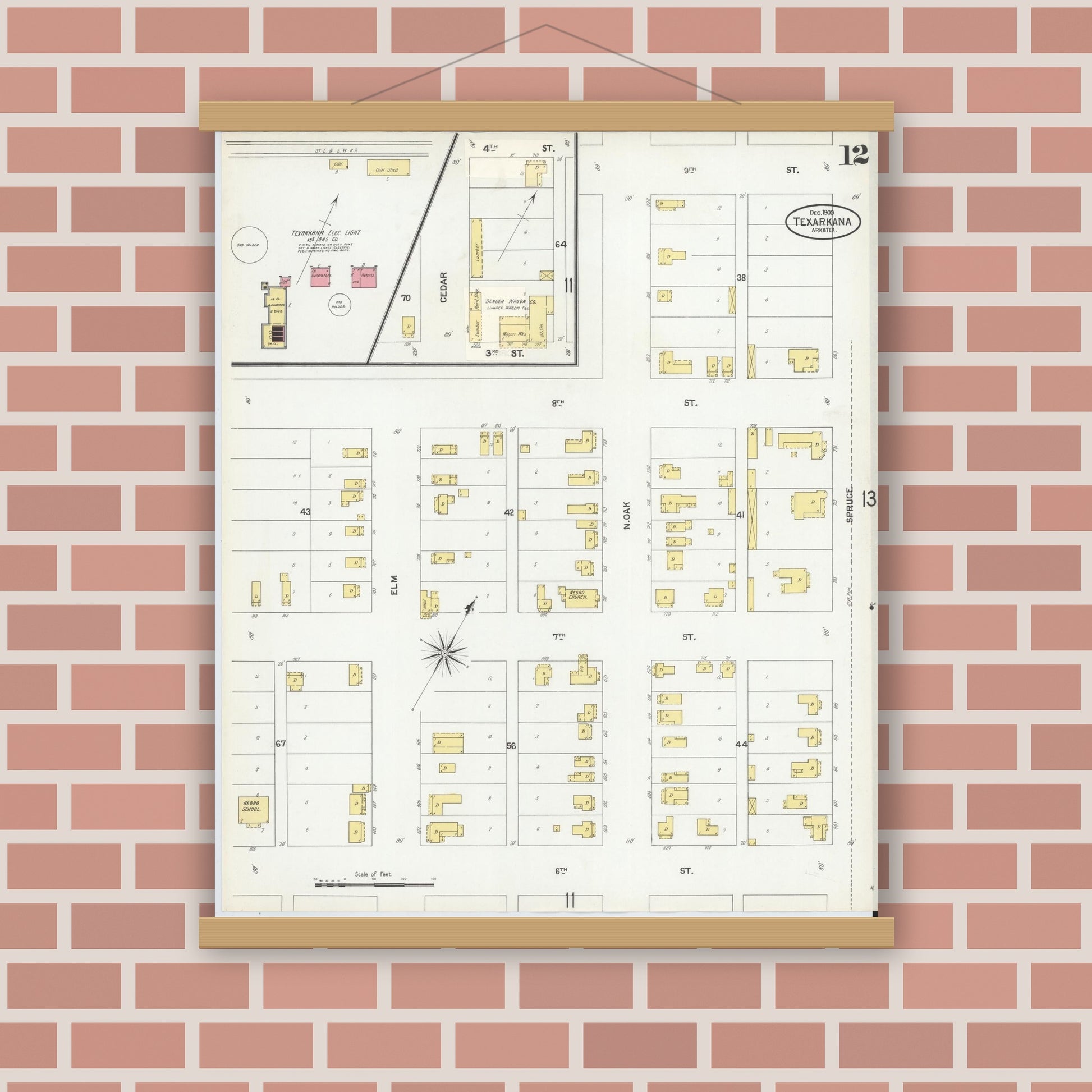 Old map wall art mockup — magnetic wood frame on brick wall — Sanborn Fire Insurance Map from Texarkana, Bowie County, Texas (1900), Sheet #0012