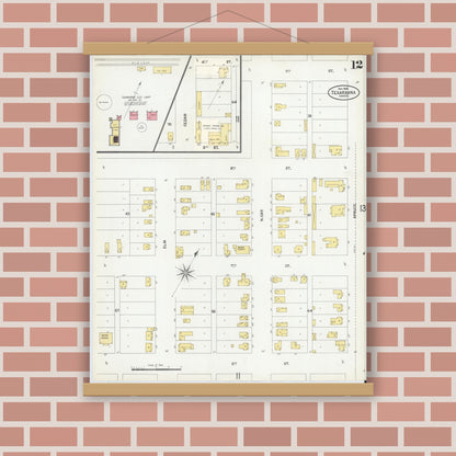 Old map wall art mockup — magnetic wood frame on brick wall — Sanborn Fire Insurance Map from Texarkana, Bowie County, Texas (1900), Sheet #0012