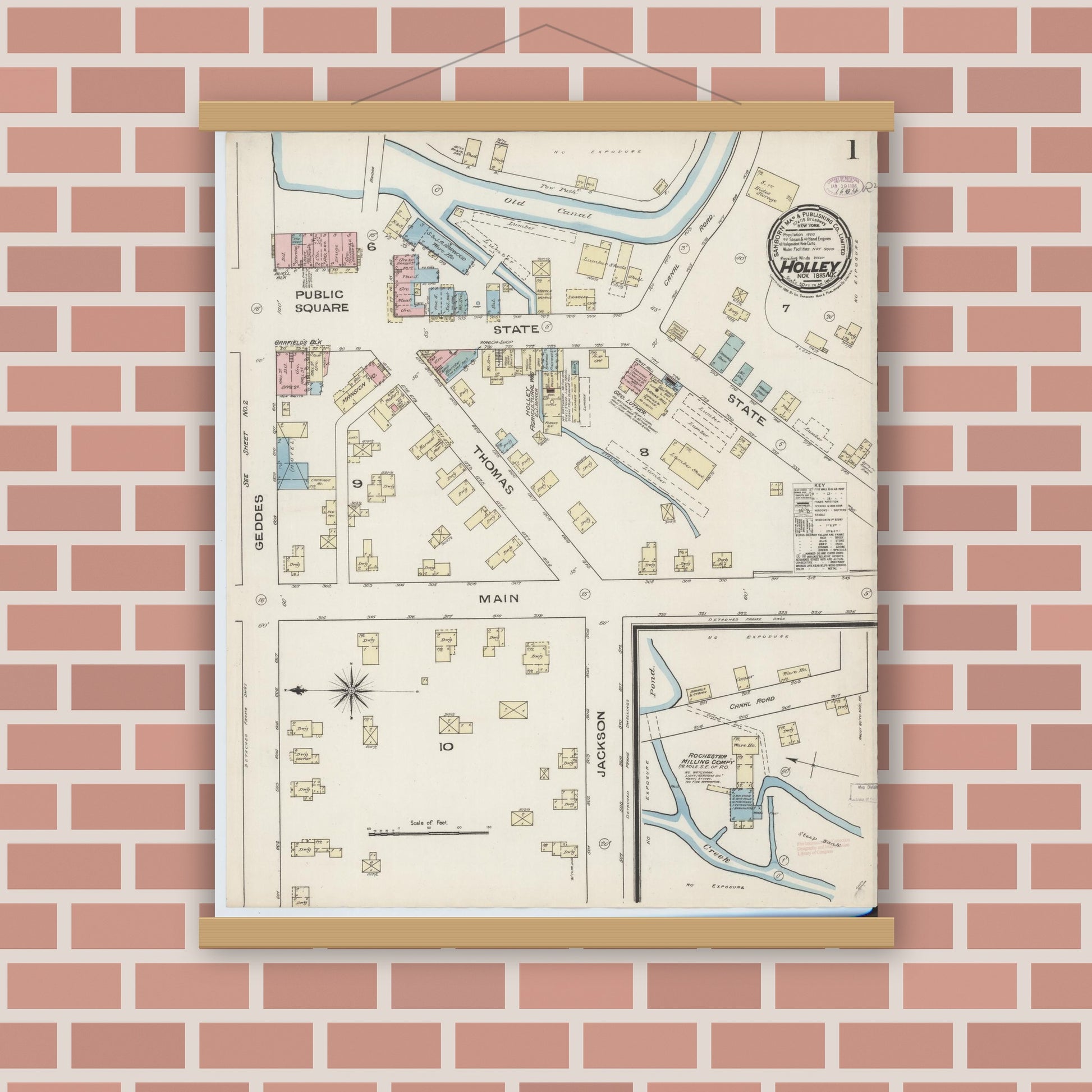 Old map wall art mockup — magnetic wood frame on brick wall — Sanborn Fire Insurance Map from Holley, Orleans County, New York (1885), Sheet #0001