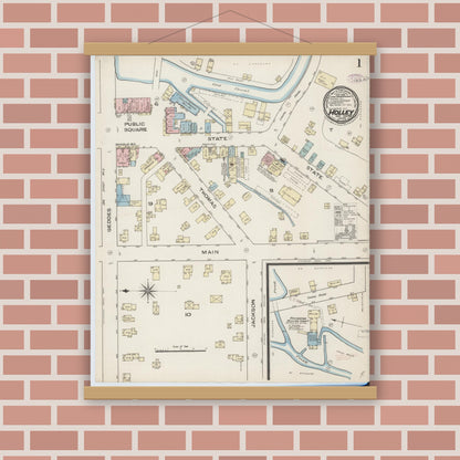 Old map wall art mockup — magnetic wood frame on brick wall — Sanborn Fire Insurance Map from Holley, Orleans County, New York (1885), Sheet #0001