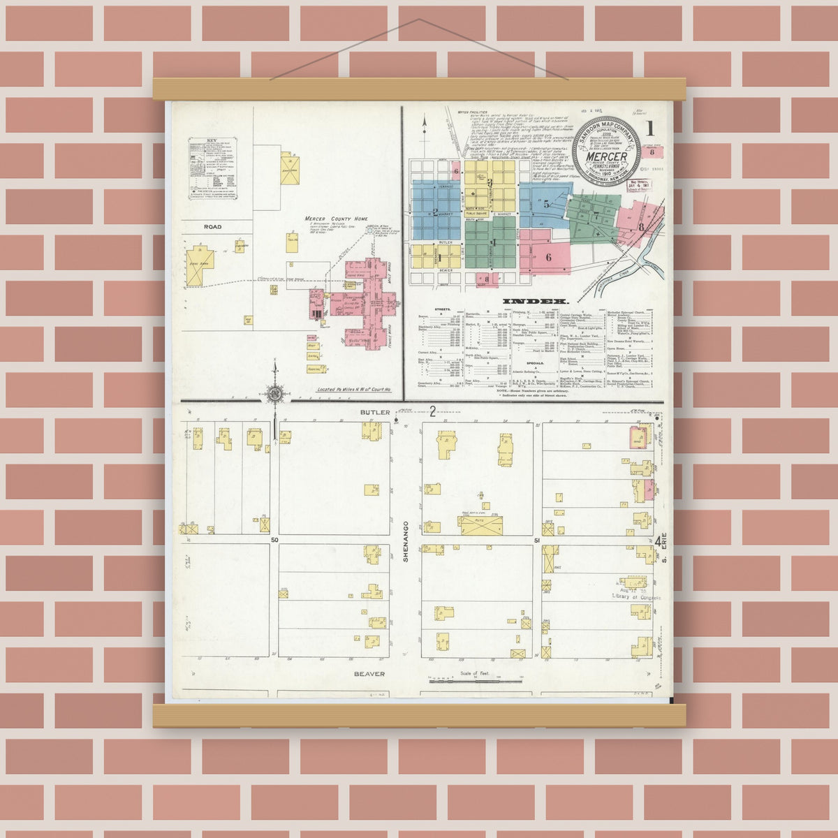 Old map wall art mockup — magnetic wood frame on brick wall — Sanborn Fire Insurance Map from Mercer, Mercer County, Pennsylvania (1910) - Complete Map Set
