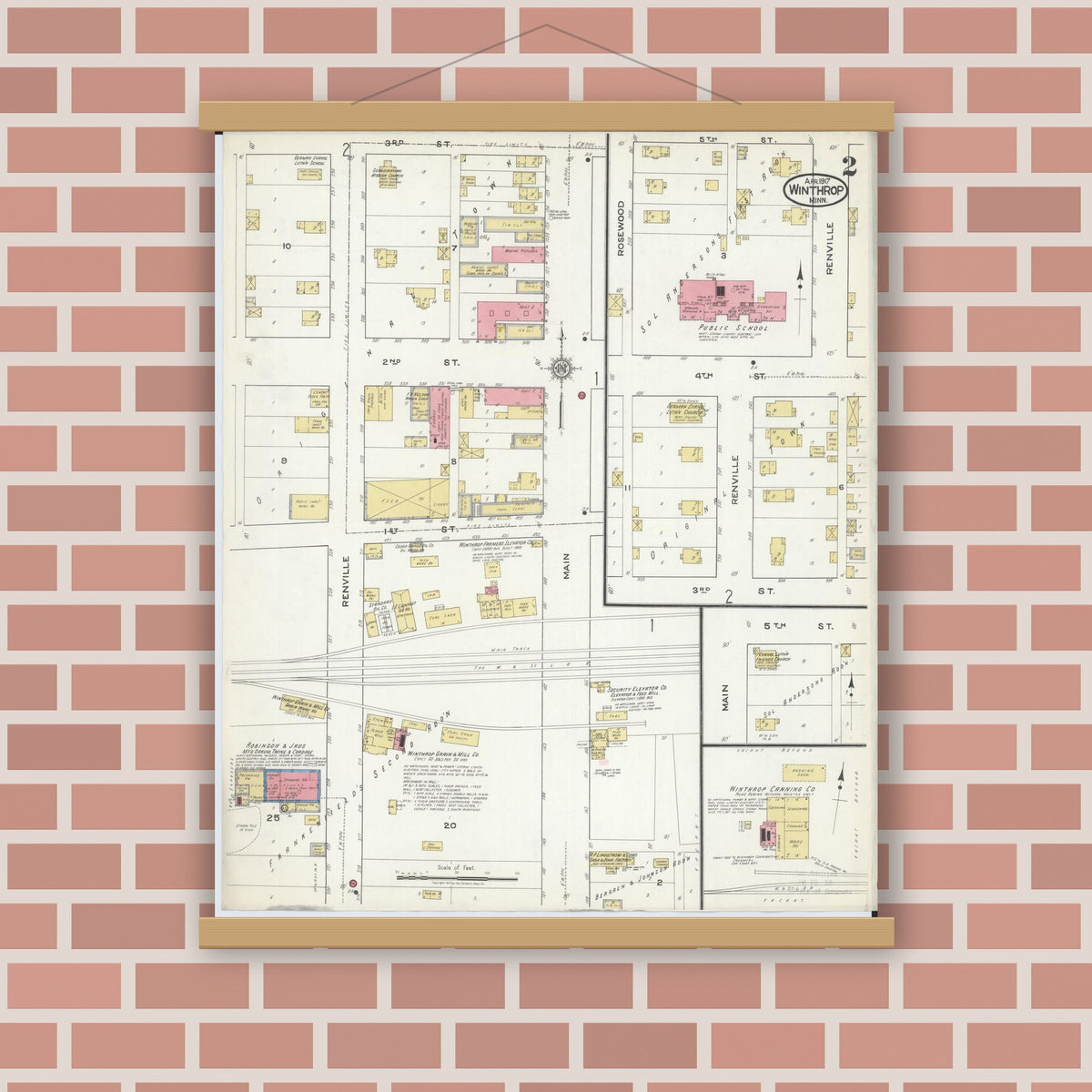Old map wall art mockup — magnetic wood frame on brick wall — Sanborn Fire Insurance Map from Winthrop, Sibley County, Minnesota (1917), Sheet #0002
